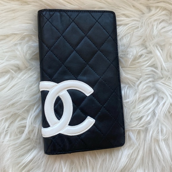 CHANEL Handbags - Authentic CHANEL Cambon Black Quilted Lambskin Leather & White CC Long Wallet